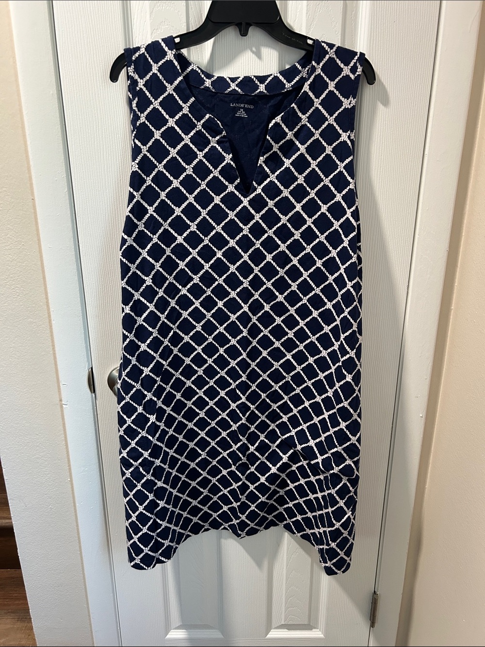 Lands' End Navy and White Sleeveless Lattice Swim Cover Up/dress